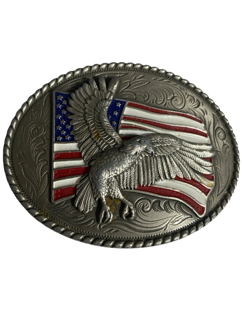 Nocona Americana Flag & Eagle Belt Buckle, Patriotic﻿, Scroll design, Rope edge